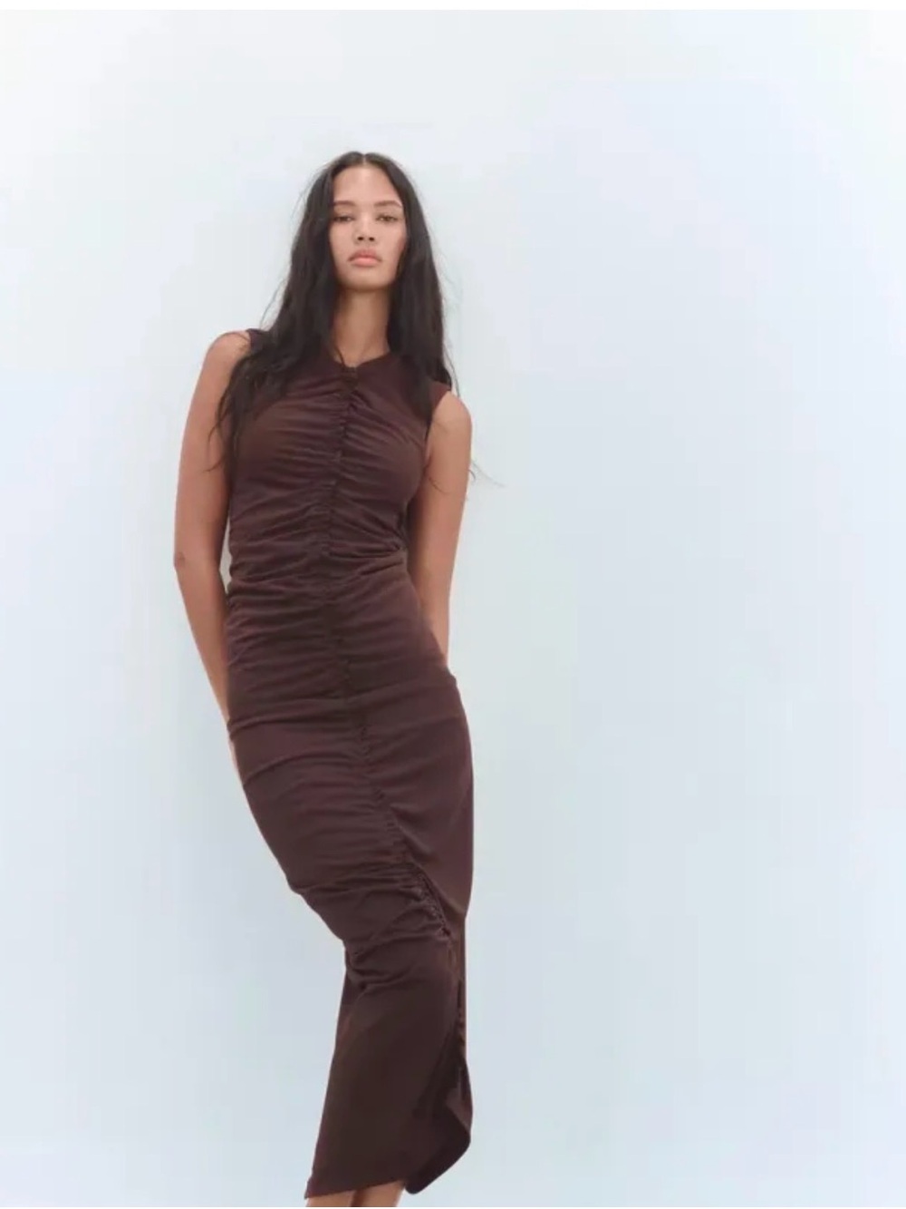 Zara Sleeveless Ruched Maxi Dress in Dark Brown